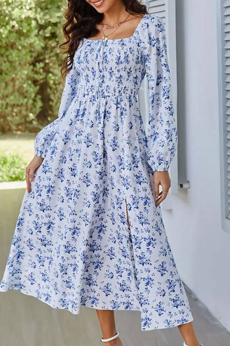 CWDMD5040_SPRING AND SUMMER SQUARE NECK SLIT FLORAL DRESS