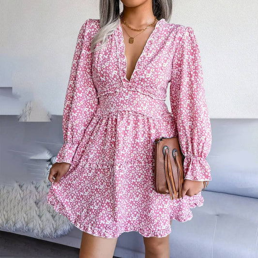 SEXY V NECK FLORAL LONG SLEEVE CHIFFON DRESS_CWDSD2502