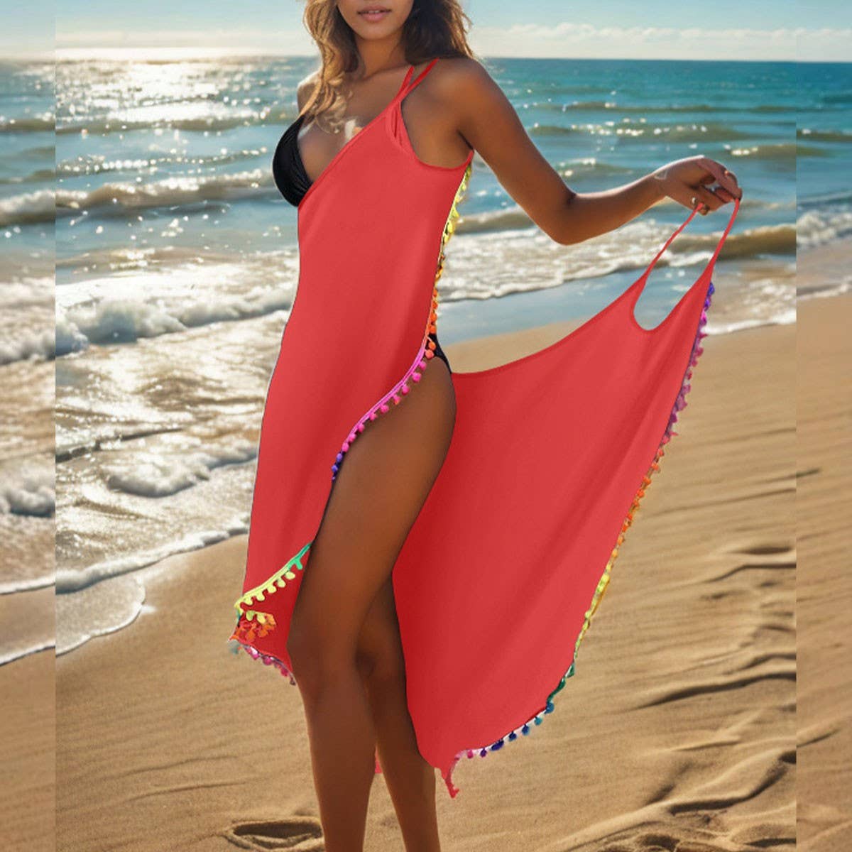 Plus Size One-Piece Beach Skirt, Tassel Trim Dress_CWBLS0478