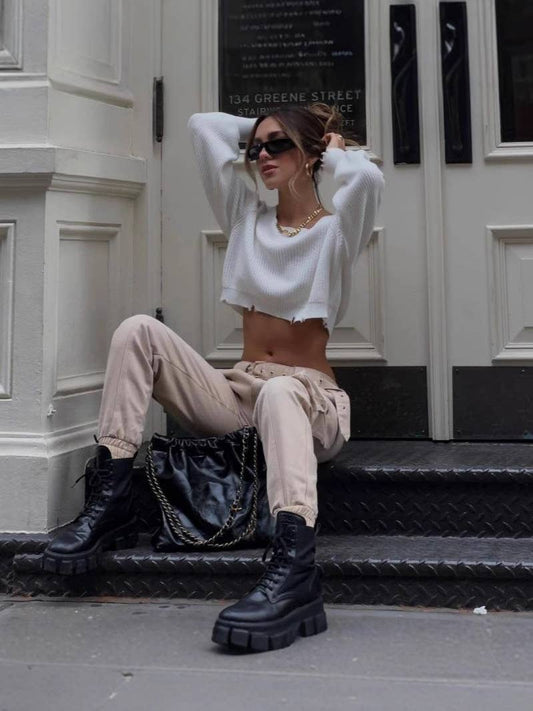 Sexy crop hollowed-out off-the-shoulder sweater