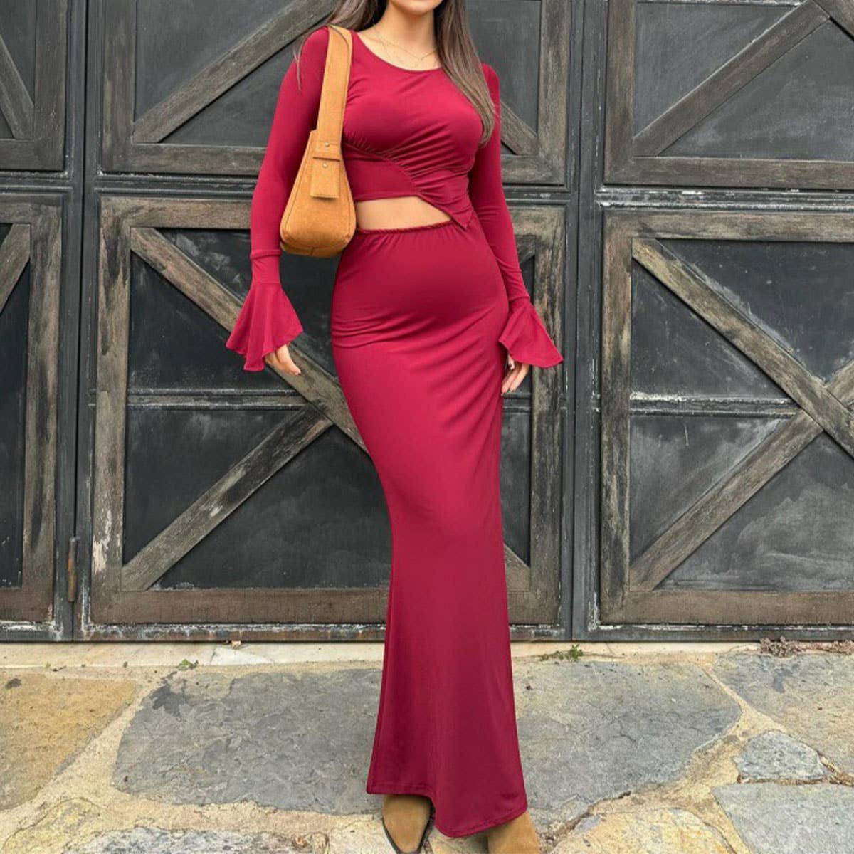 SOLID COLOR LONG SLEEVE SEXY LONG SKIRT DRESS