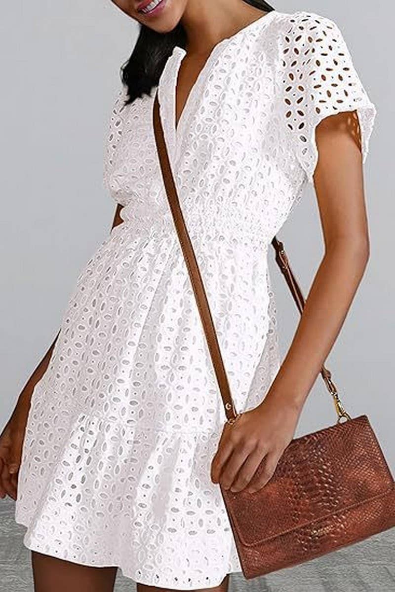 CWDSD8516_V-NECK A-LINE LACE HOLLOW SHORT SLEEVE MINI DRESS