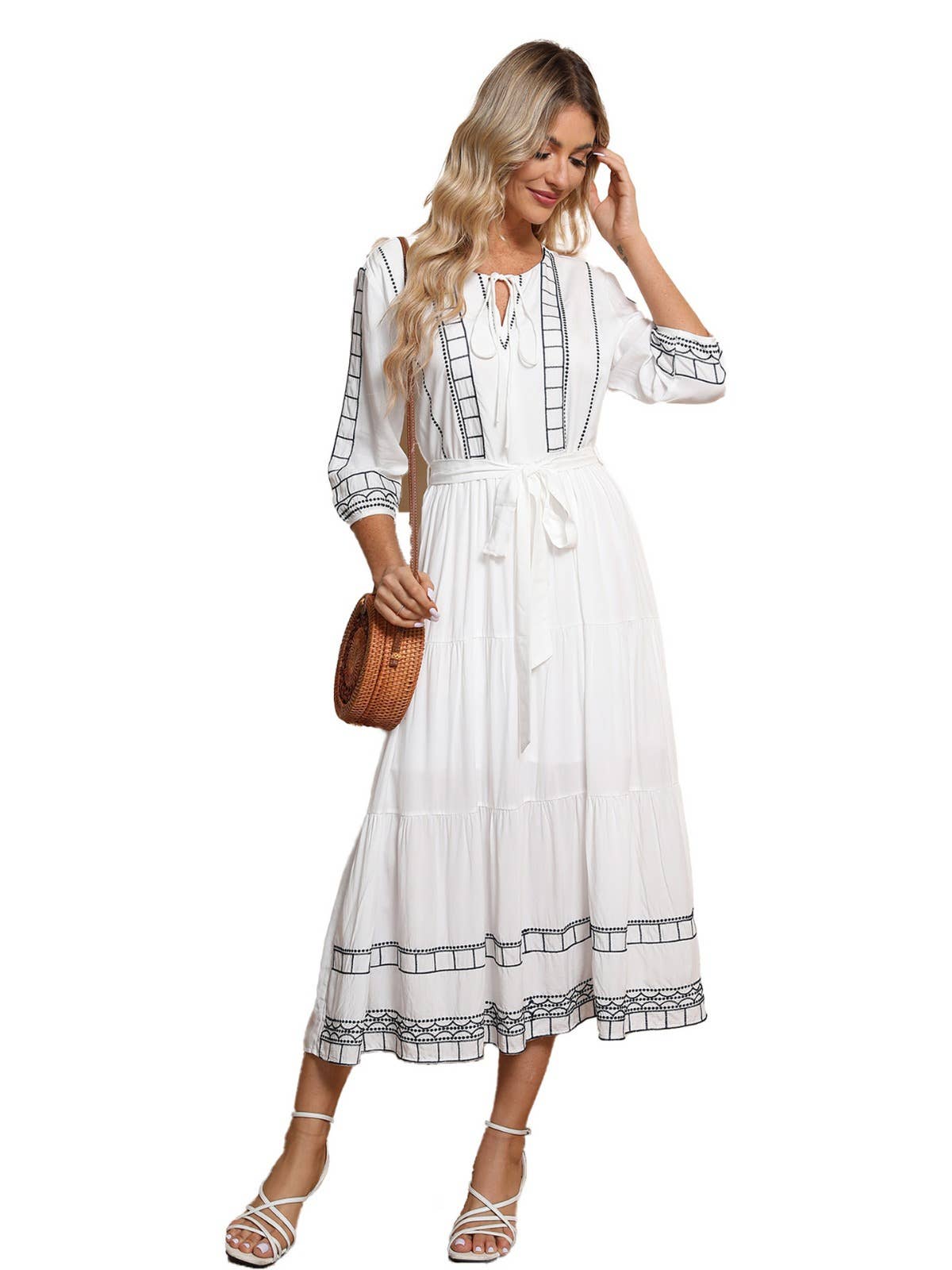 V-neck boho dress with belted waist
