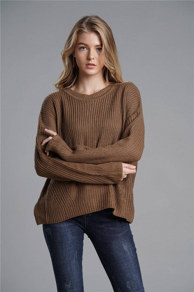 WOMEN'S LOOSE KNIT SWEATER CREW NECK KNIT SWEATER