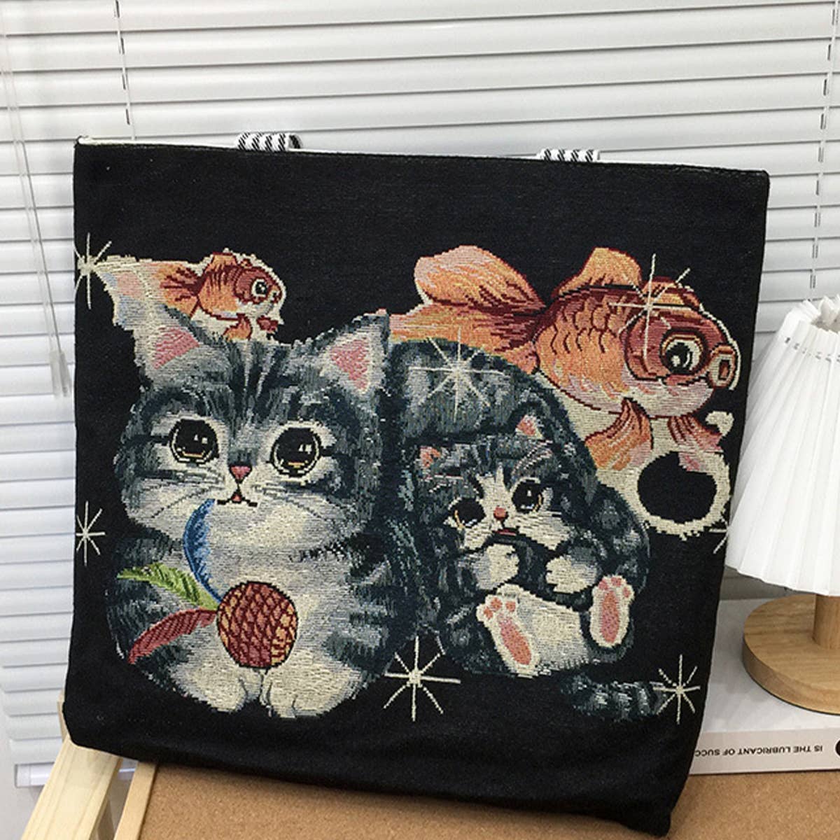 CUTE CAT EMBROIDERED CANVAS SHOULDER BAG TOTE BAG_CWAB1676