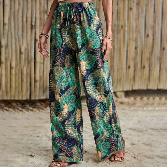 Stylish French summer vacation plant-print pants