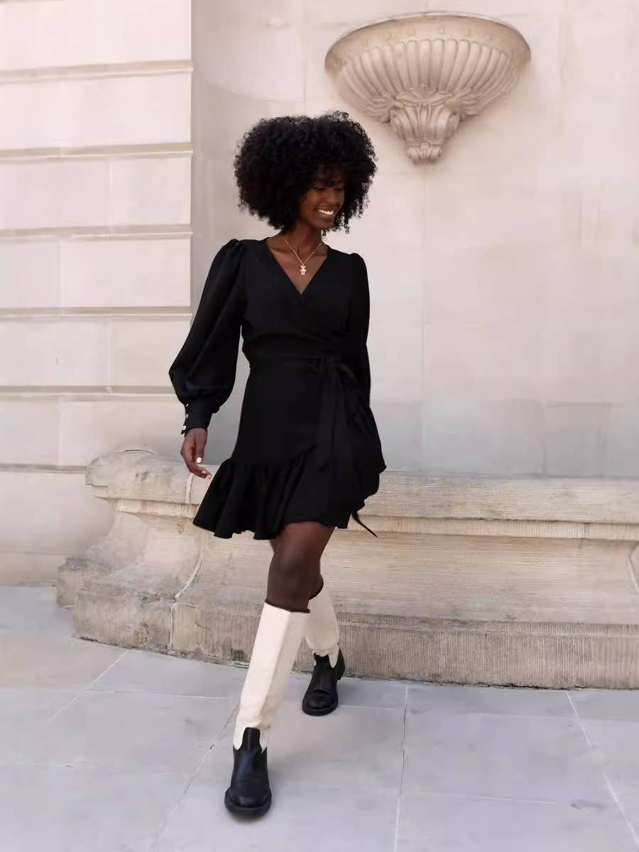 LONG-SLEEVED PUFFED SLEEVE V-NECK LACE-UP DRESS