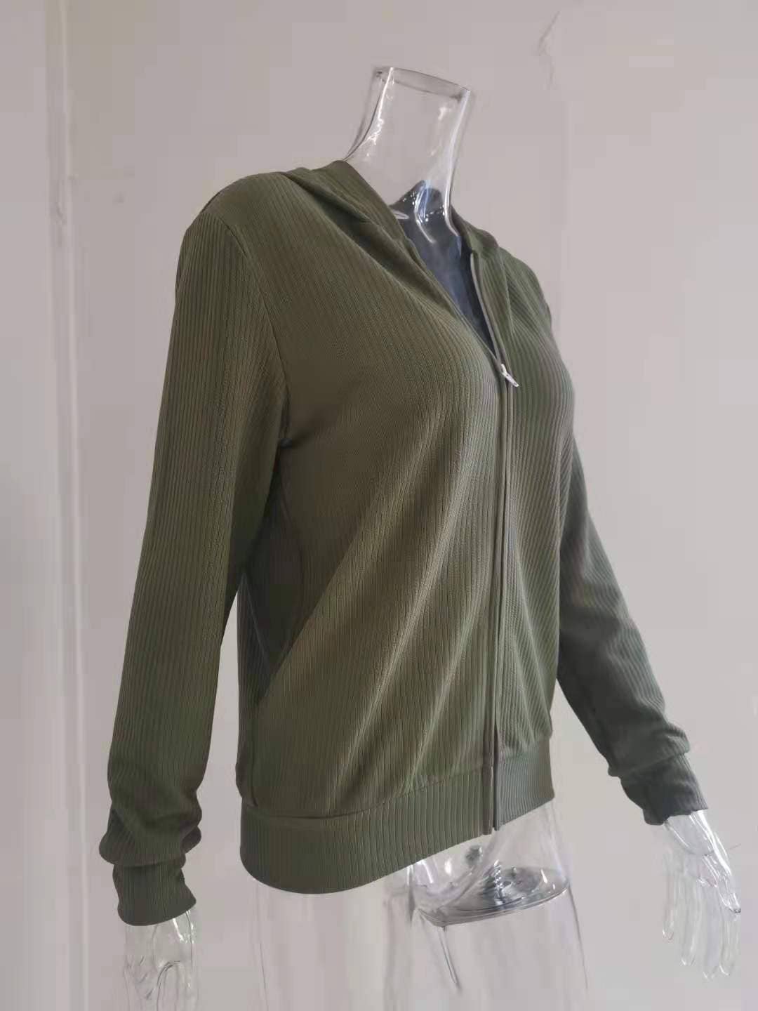 SOLID COLOR KNIT ZIPPER HOODED CARDIGAN COAT