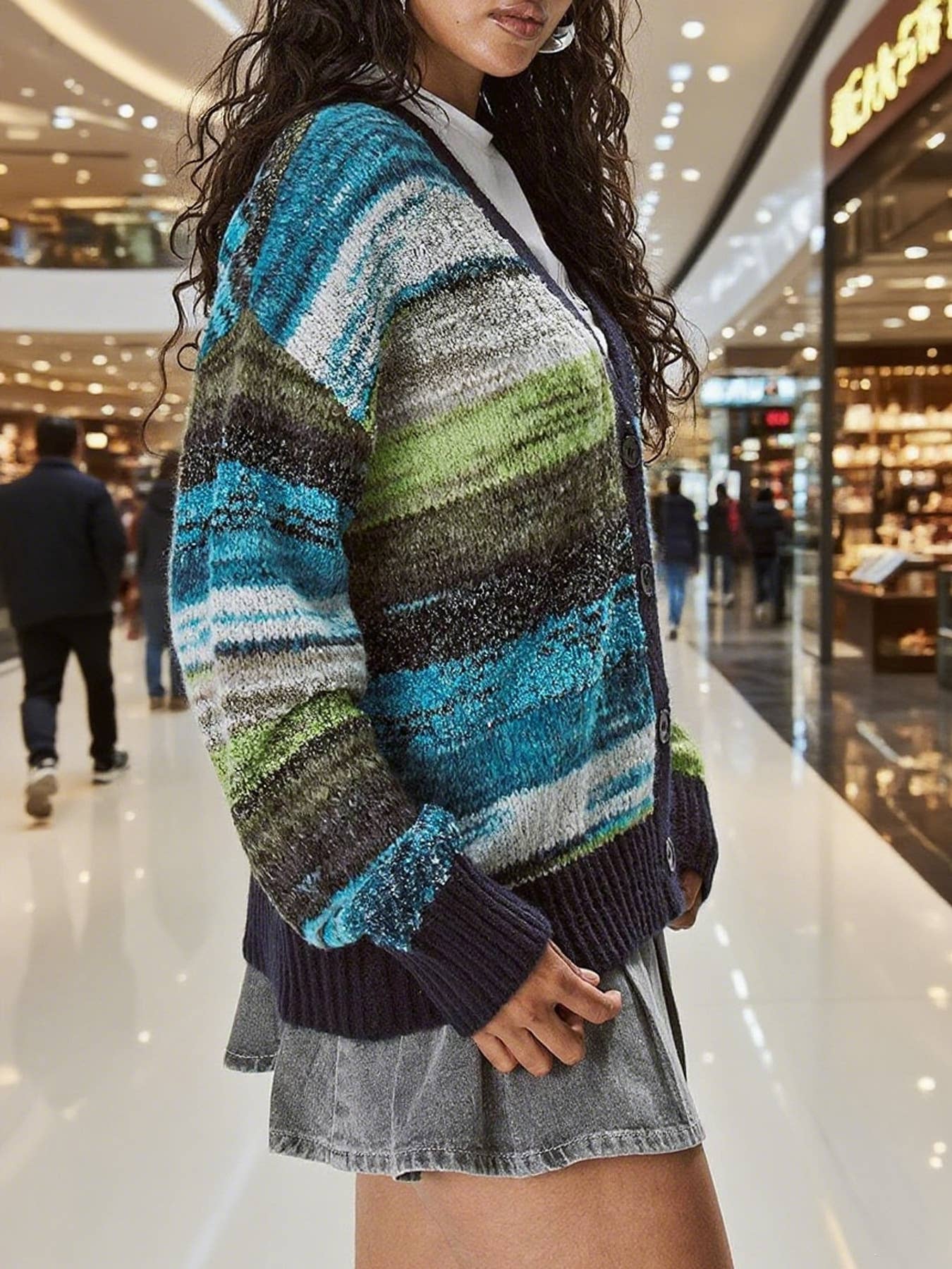 Gradient Striped V-Neck Knitted Cardigan