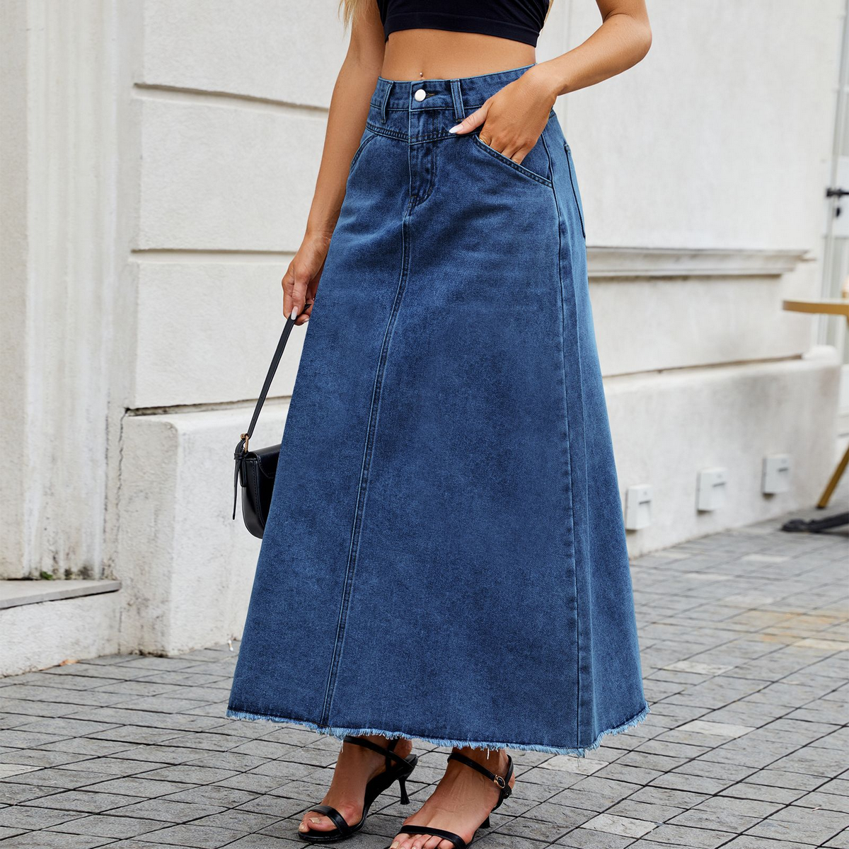 Women??¢s High Waist Denim Midi Skirt with Pockets_CWJSK0203