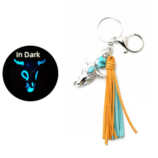 Retro Western Skull Keychain with Glow Bull Head_CWAB5092