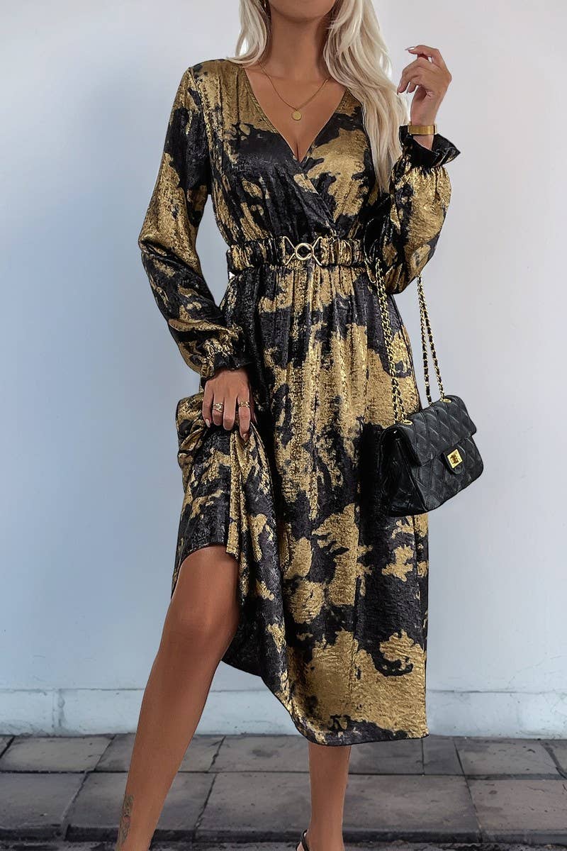CWDMD3874_V-NECK LONG-SLEEVED A-LINE GOLD-STAMPED DRESS