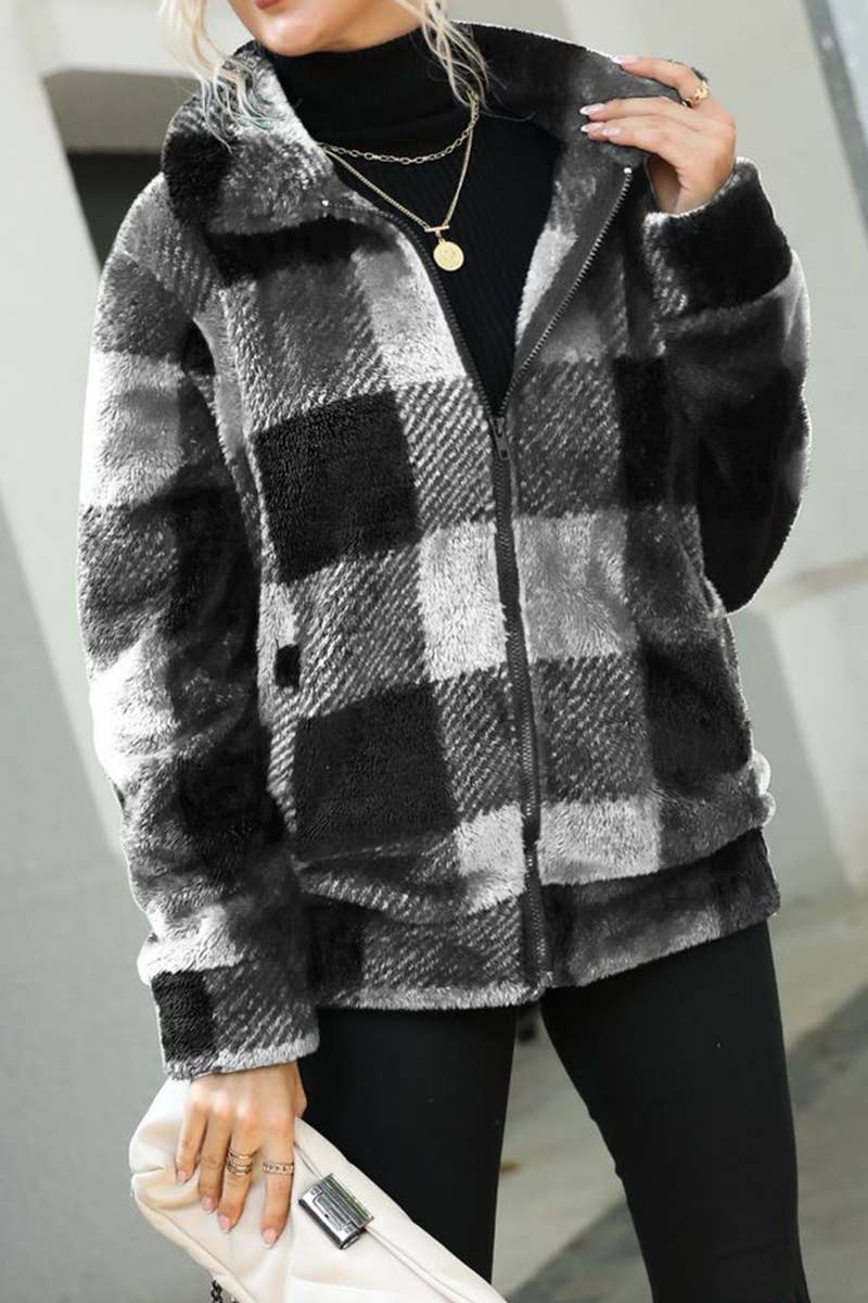 WOMEN LOOSE FIT OVERSIZED PLAID FLEECE JACKET_CWOJA0634