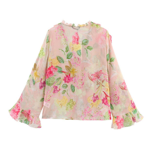 Floral Print Layered Long Sleeve Blouse