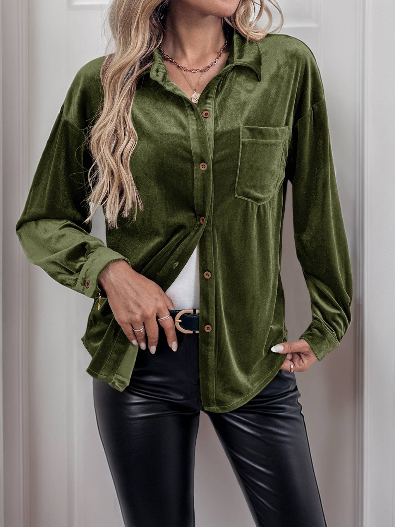 LONG SLEEVE LAPEL VELVET SINGLE-BREASTED SHIRT