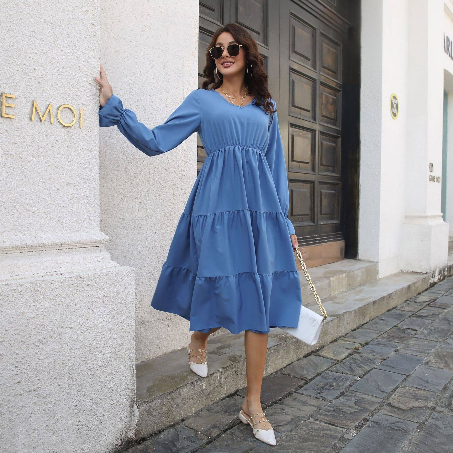V-NECK LAYERED FLARED SLEEVES LONG-SLEEVED DRESS