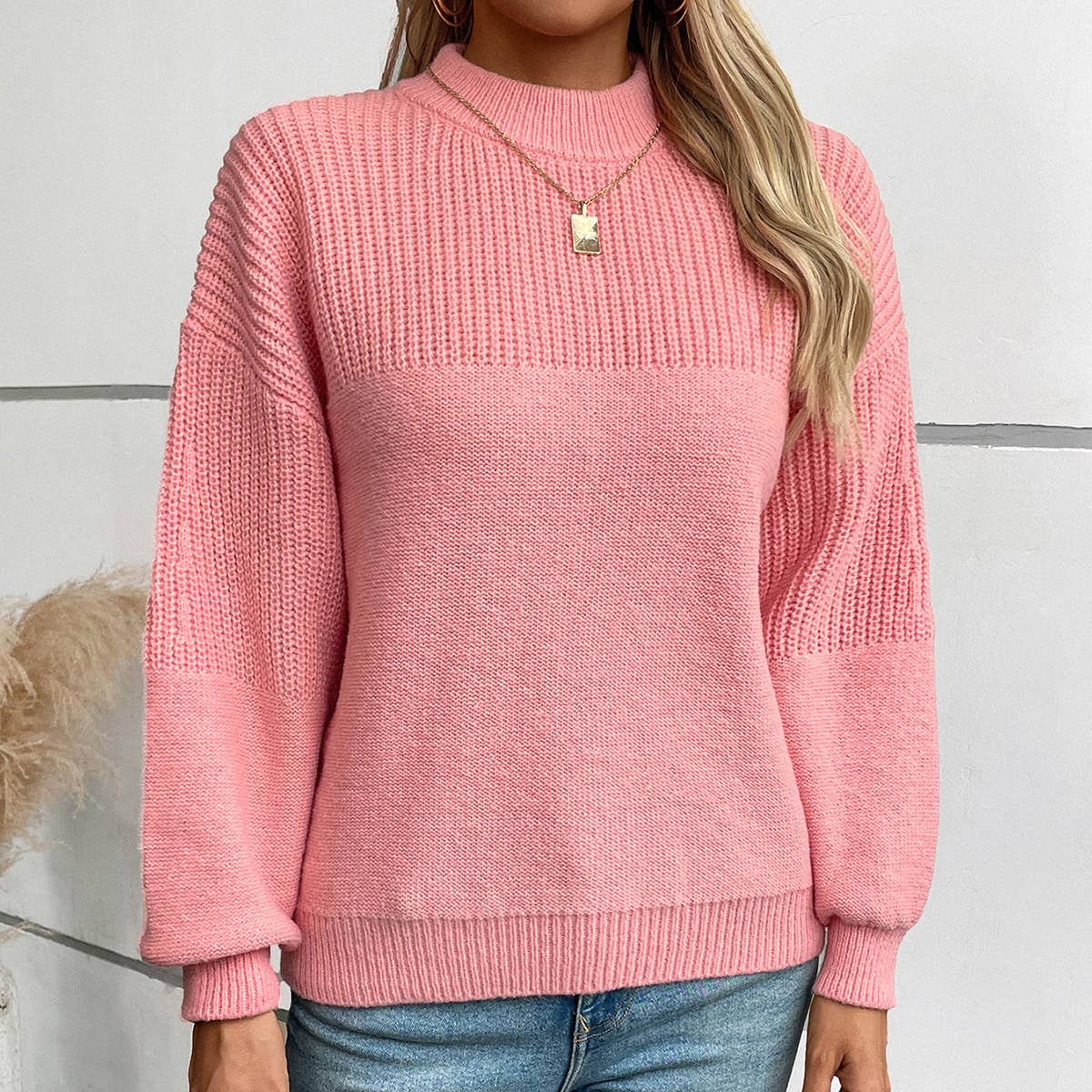 Solid color semi-turtleneck sweater