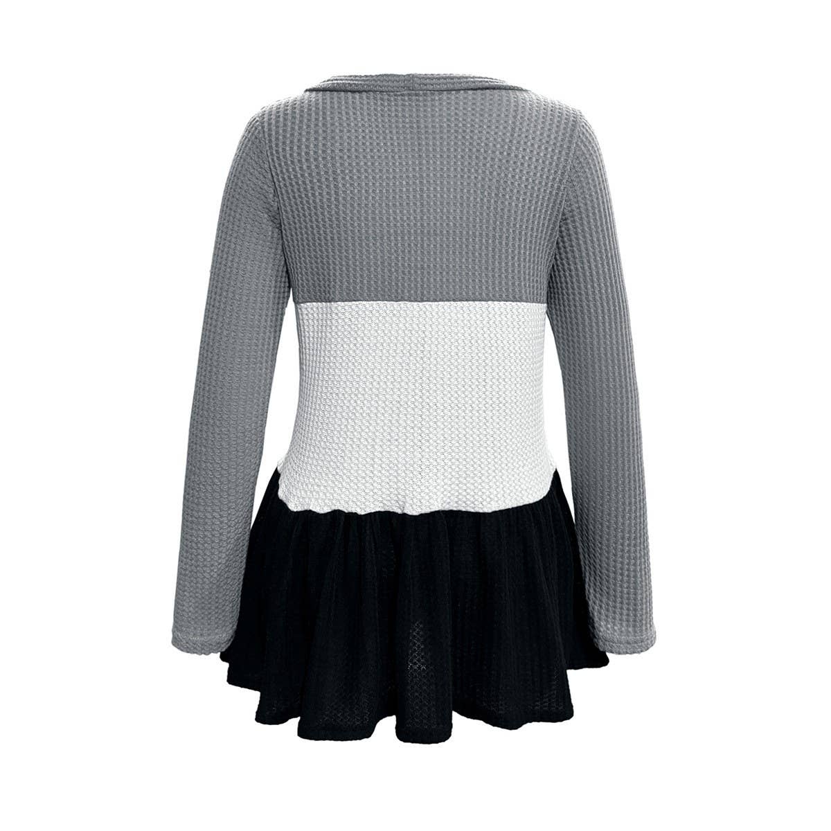 V-neck patchwork color button-knit top