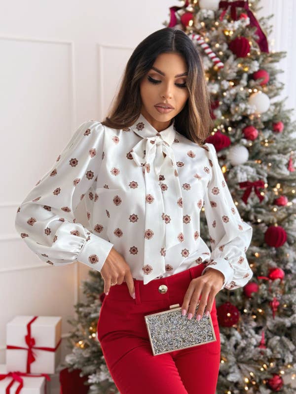 SIMPLE ALL-IN-ONE PRINTED LONG-SLEEVED BOW SHIRT