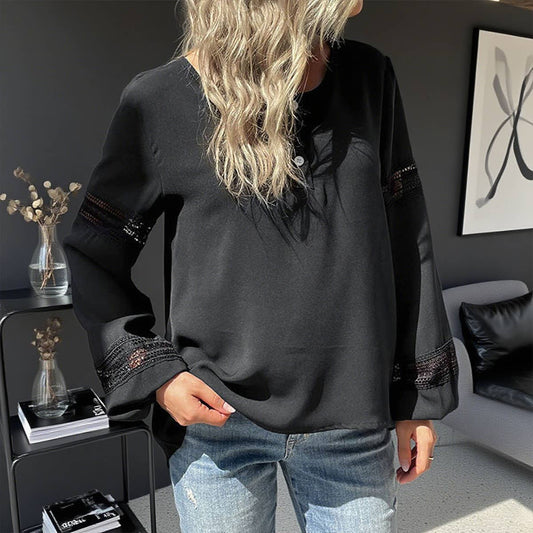 Round-neck lace patchwork cutout shirt