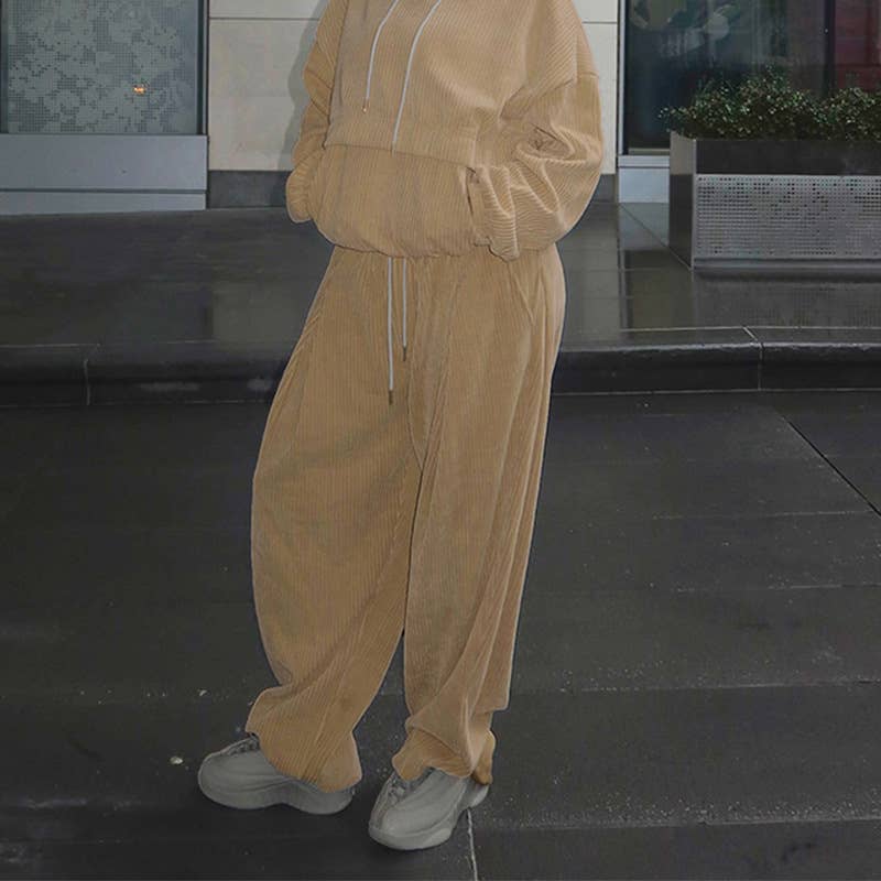 SOLID COLOR CORDUROY HIGH WAISTED CASUAL PANTS