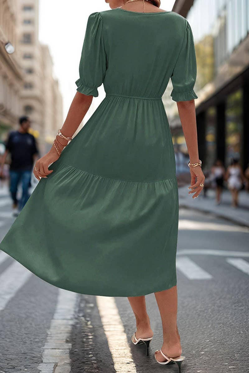 CWDMD2513_WAIST V-NECK SOLID COLOR DRESS