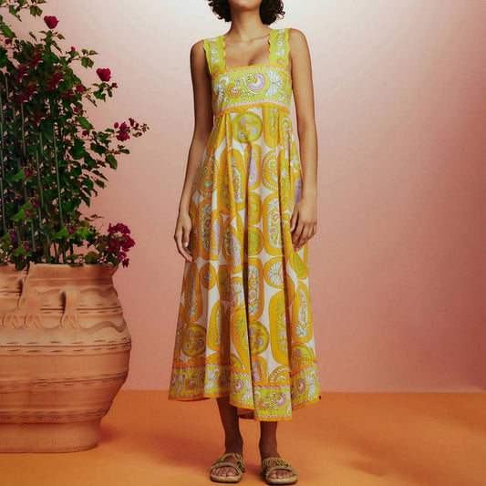 Large hem printed high-waisted halter dress