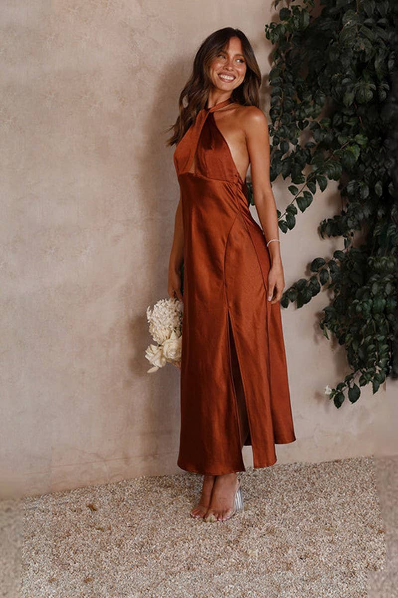 CWDHL0941_ELEGANT SATIN HALTER NECK SLIT MAXI DRESS