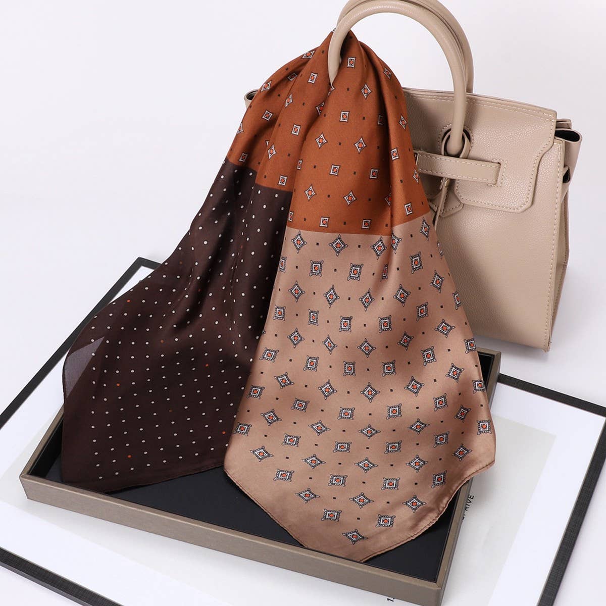 Vintage Letter Print Satin Square Scarf for Women