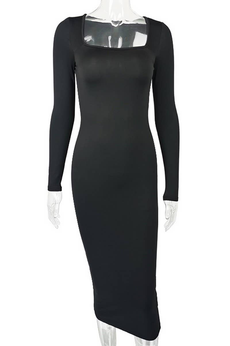 CWDMD4902_SOLID COLOR SLIM SQUARE NECK LONG SLEEVE DRESS