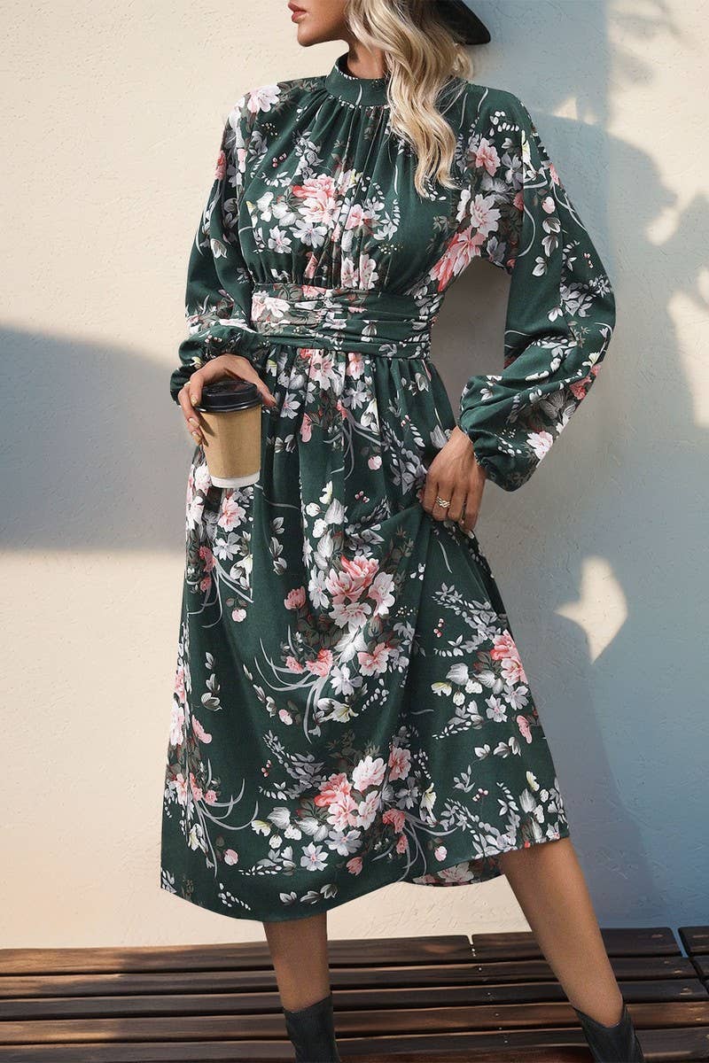 CWDMD3085_RETRO PRINT STAND COLLAR HIGH WAIST DRESS