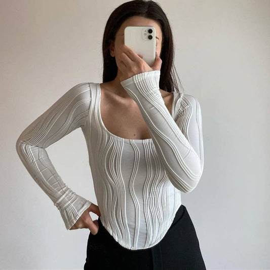 French Design Style Pleated U-Neck Simple Top