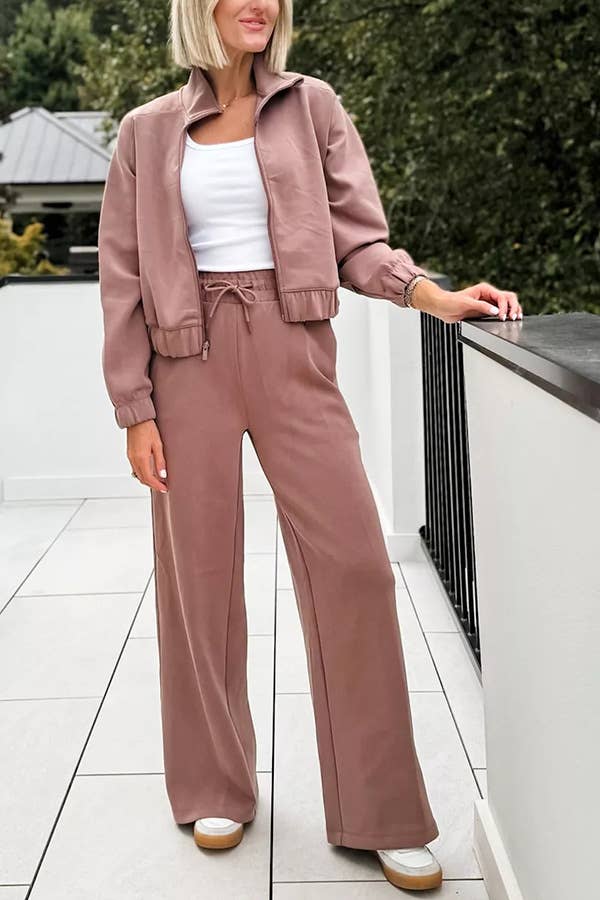 STYLISH CASUAL SOLID COLOR JACKET AND PANTS SUIT