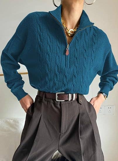 Semi-high neck zipper ribbed twist knit sweater