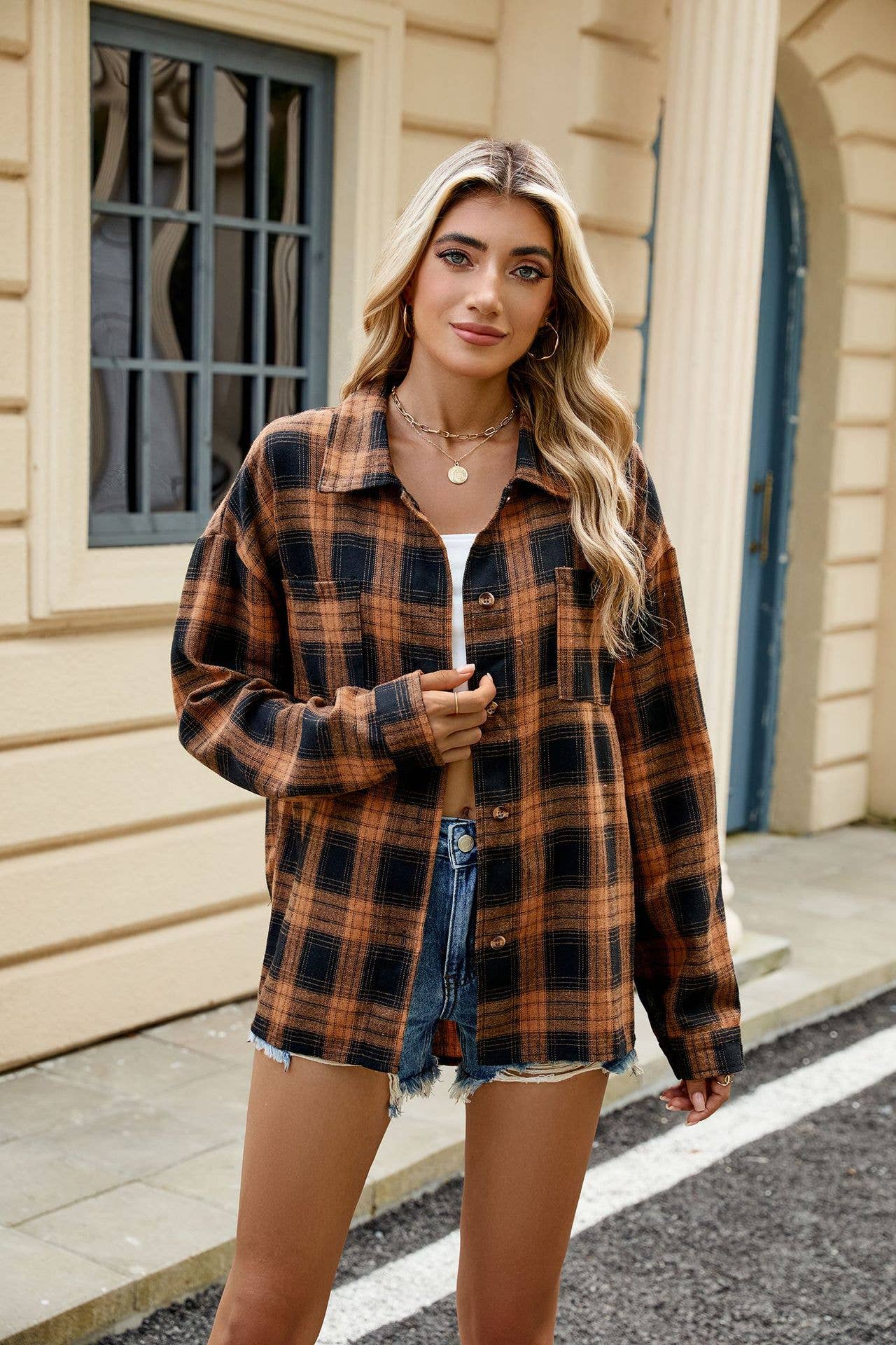 Lapel brushed striped long-sleeved plaid shirt