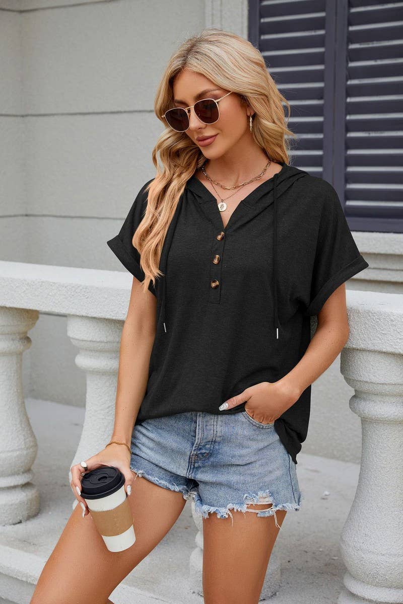 CWOHOS0016_Button Neck Short Sleeve Hoodi Knit Top