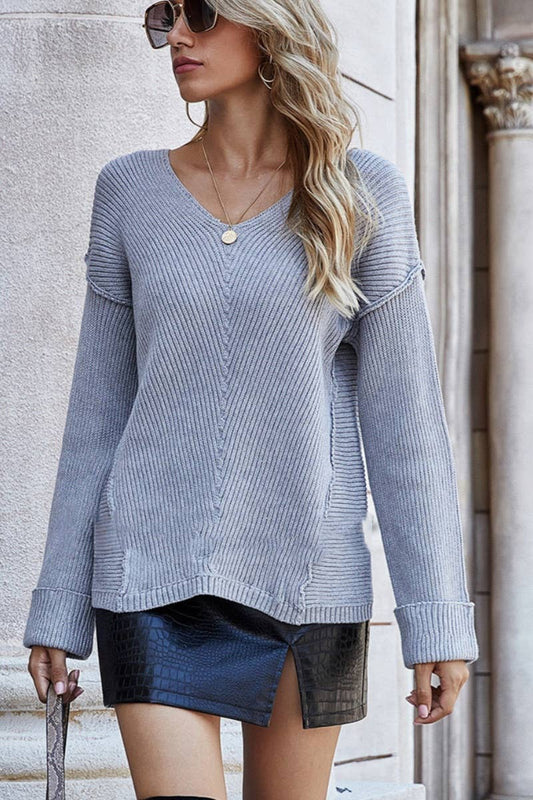 CWOSWL1406_V-Neck Long Sleeve Pullover Sweater