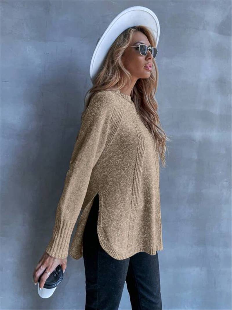 Versatile slit knitted long-sleeved sweater