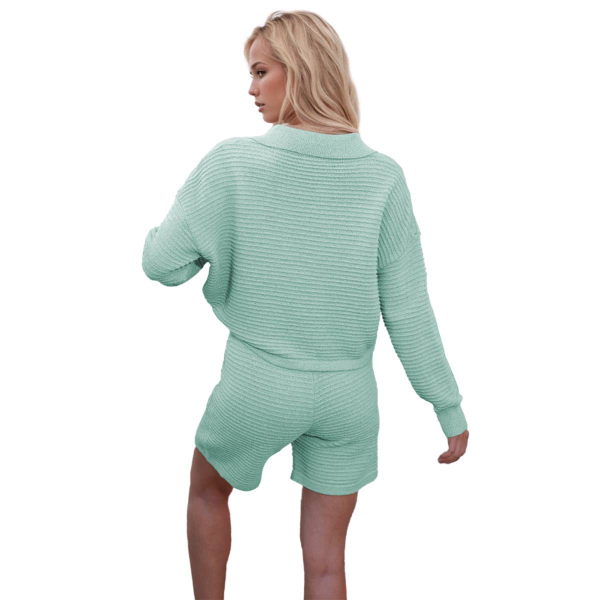 Loose long sleeve shorts solid color knit suit