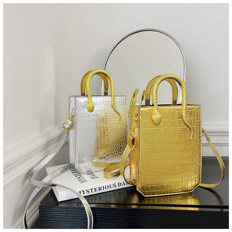 Stone-patterned glossy hand-held tote bag