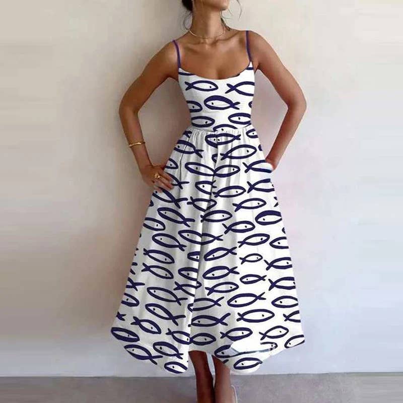 Fashion printed cinched waist,large halter dress
