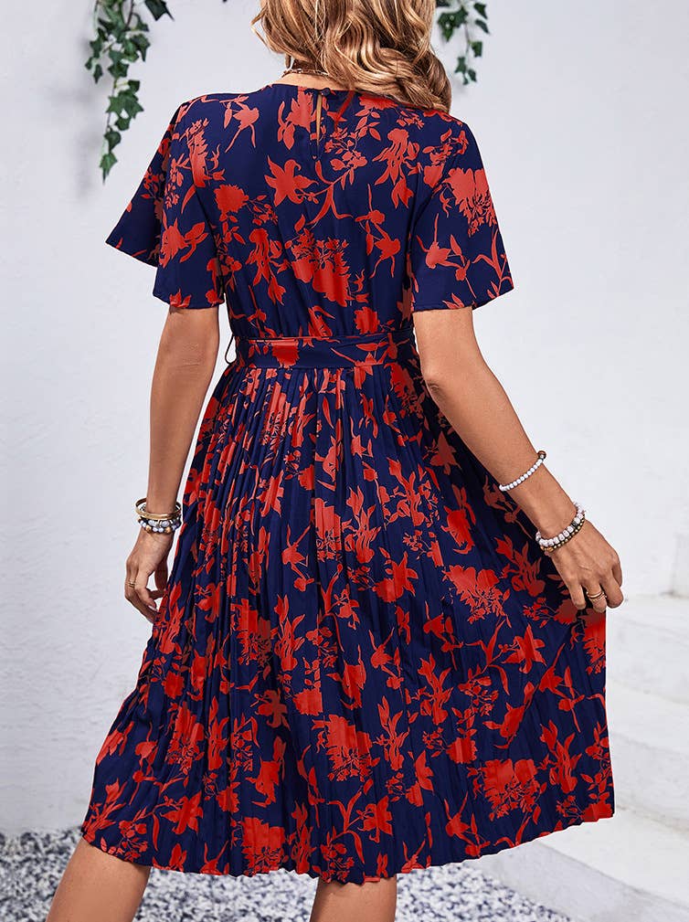 SUMMER CREW-NECK SHORT-SLEEVED PRINTED DRESS