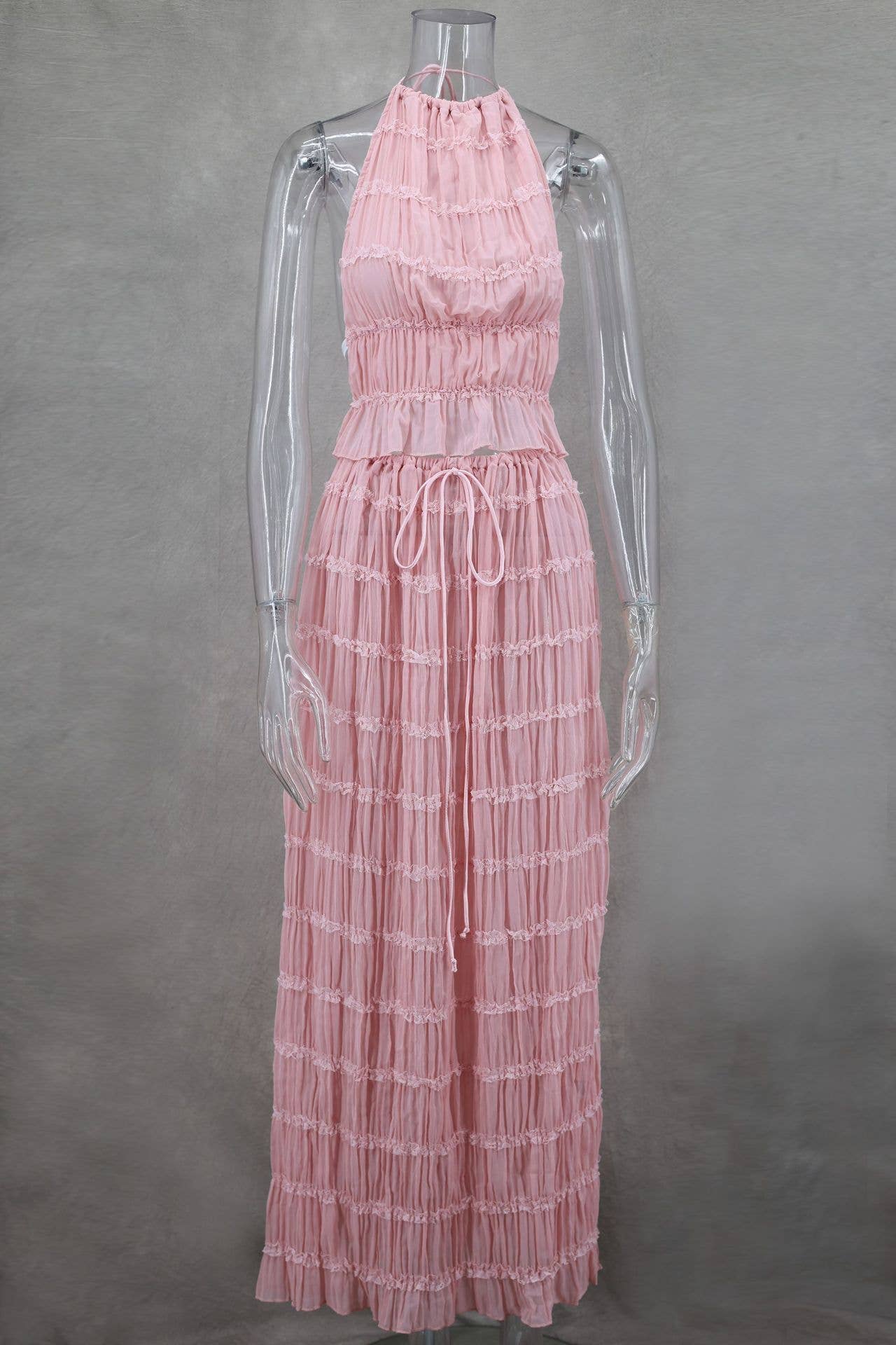 Sexy Backless Halter Lace Trim Cami Maxi Set