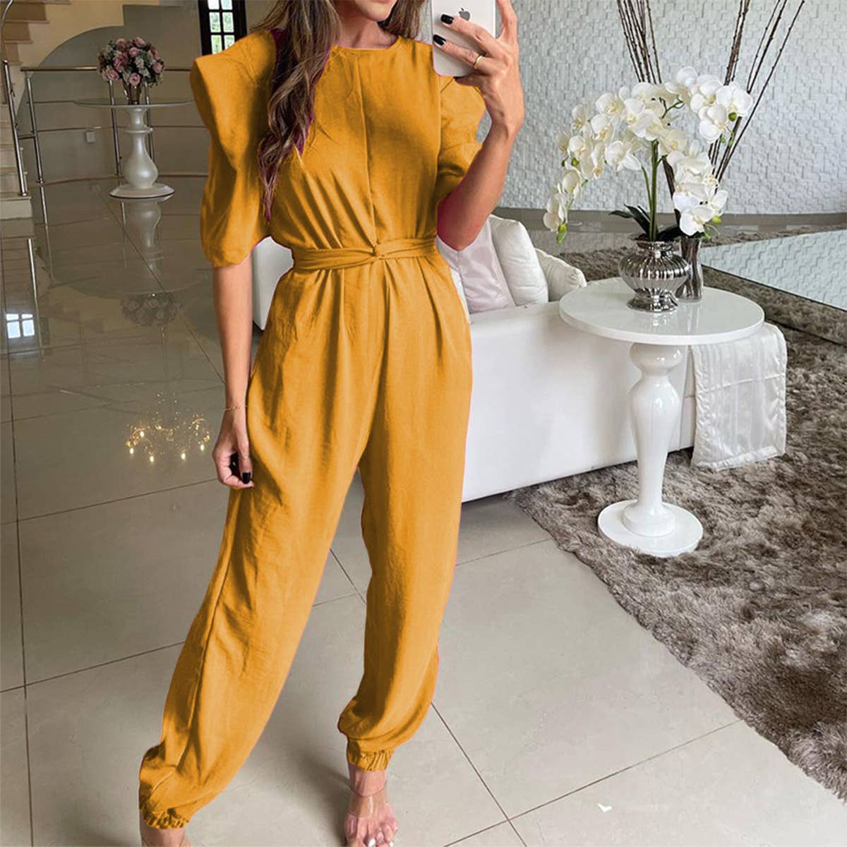 TEMPERAMENT ROUND NECK SOLID COLOR ROMPER