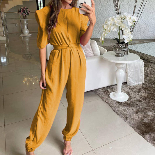 TEMPERAMENT ROUND NECK SOLID COLOR ROMPER