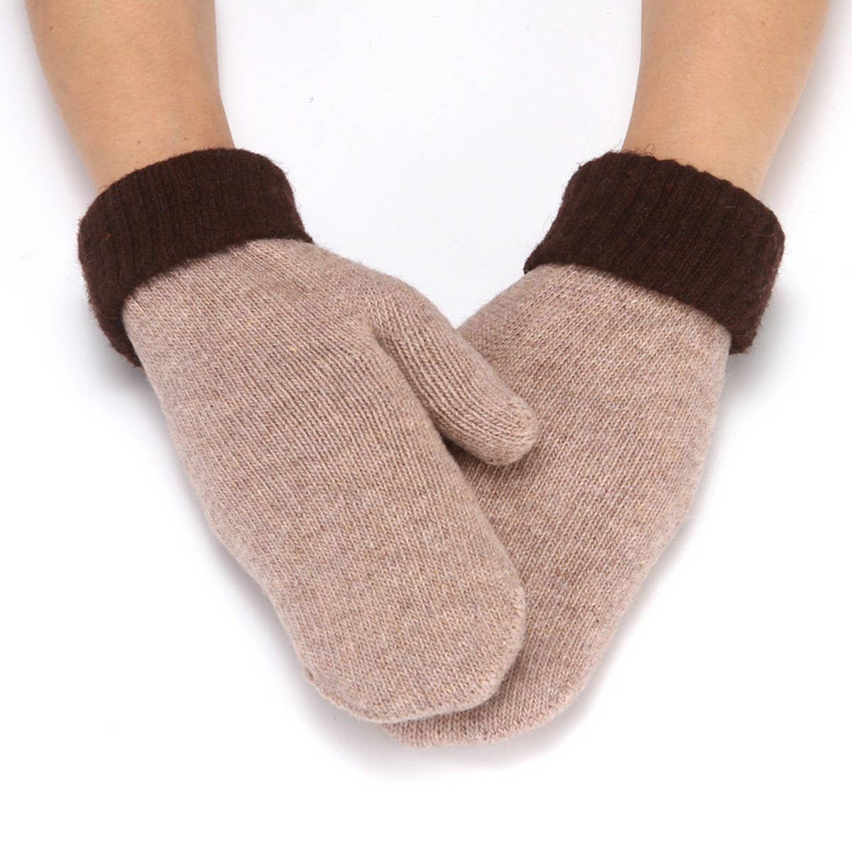 WOMEN'S TWO-TONE RABBIT FUR MITTEN KNITTED GLOVES_CWAG0259