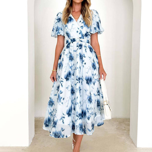 Puffy sleeve print sexy women's V-neck dress