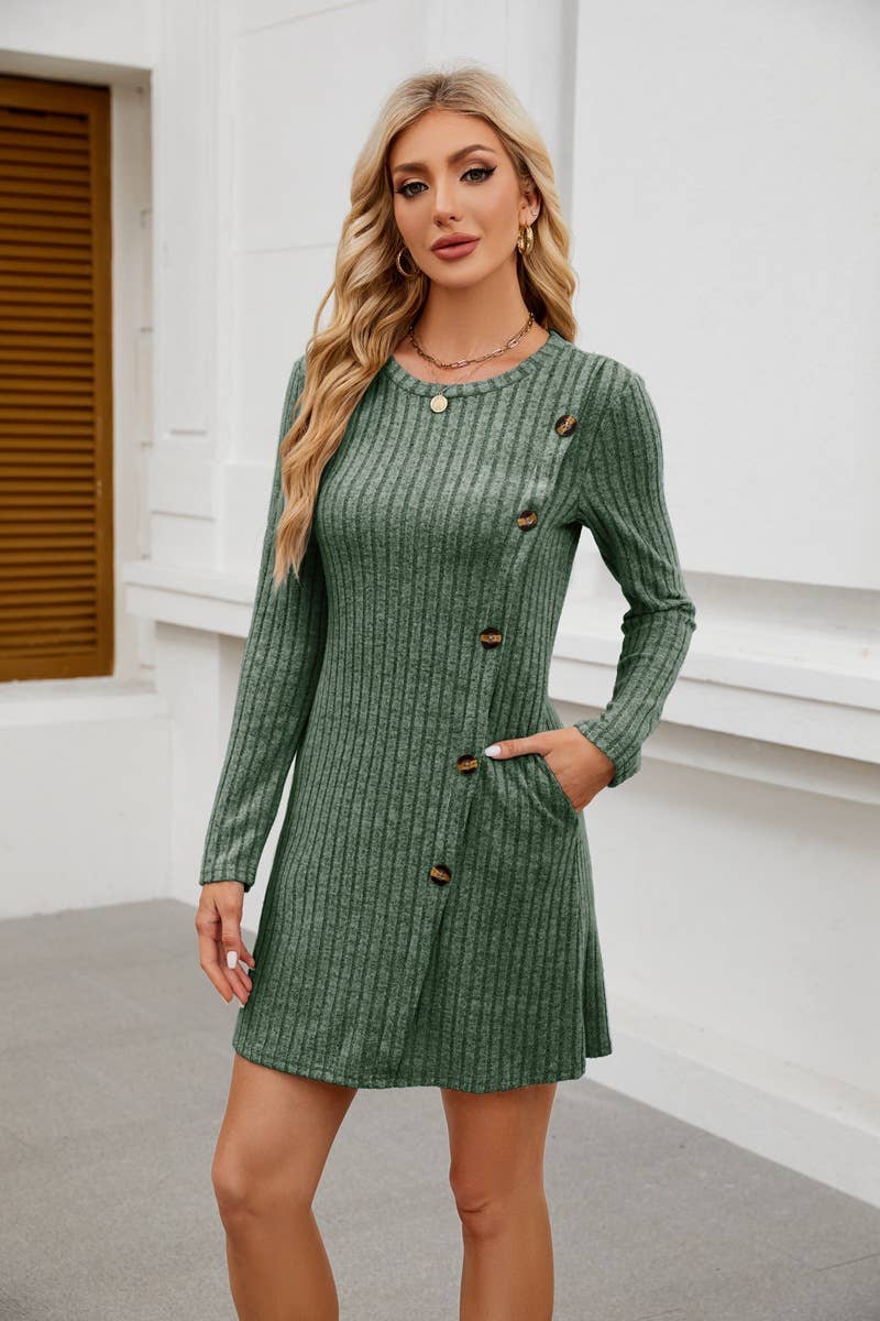 ROUND NECK SIDE BUTTON POCKET LONG SLEEVE DRESS