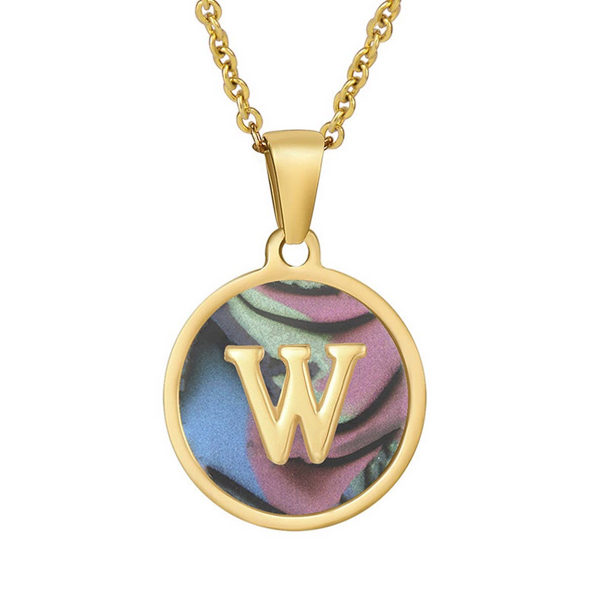 CWAJE1936_Round Stainless Steel Color Shell Letter Necklace