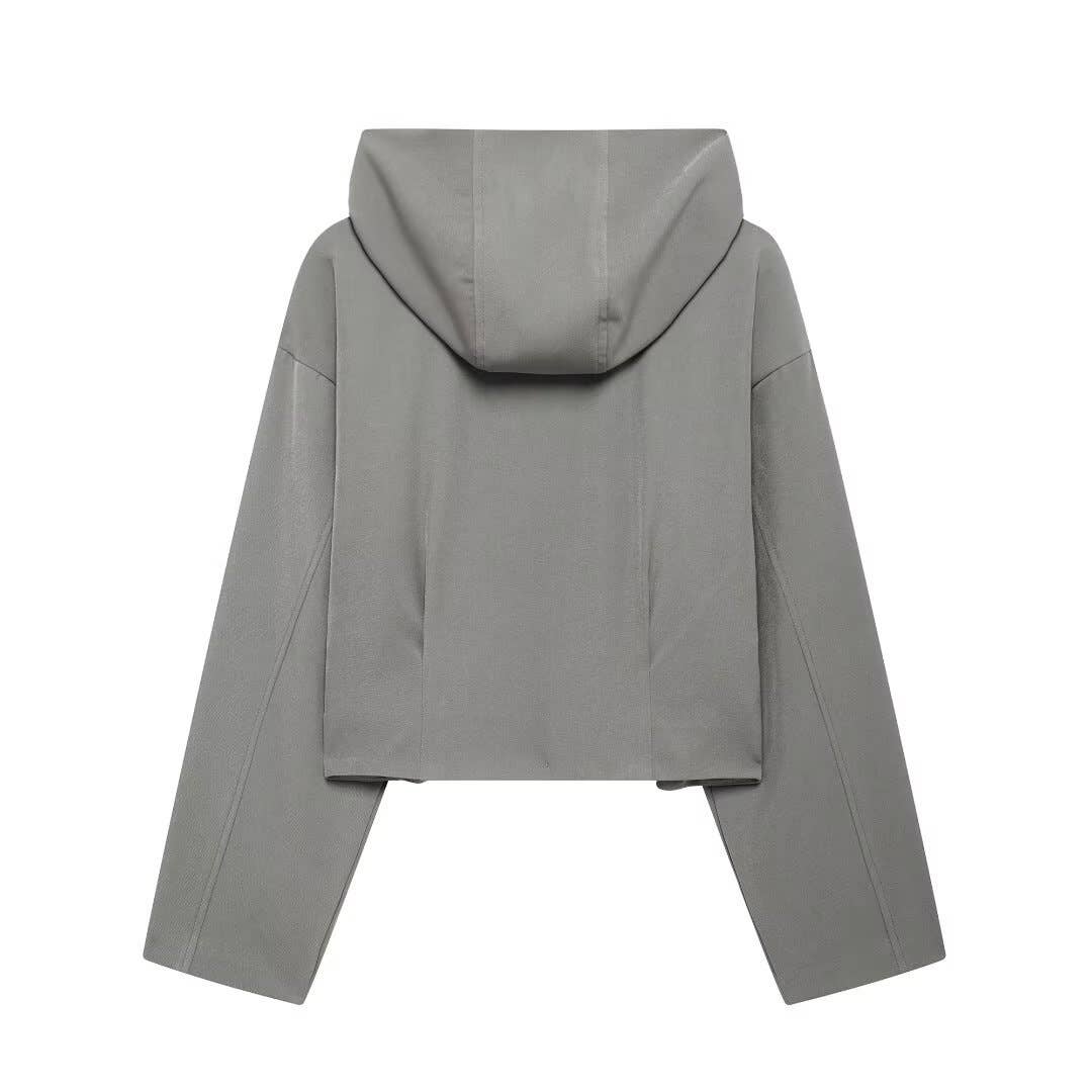 SOLID COLOR HOODED JACKET ZIPPER COAT